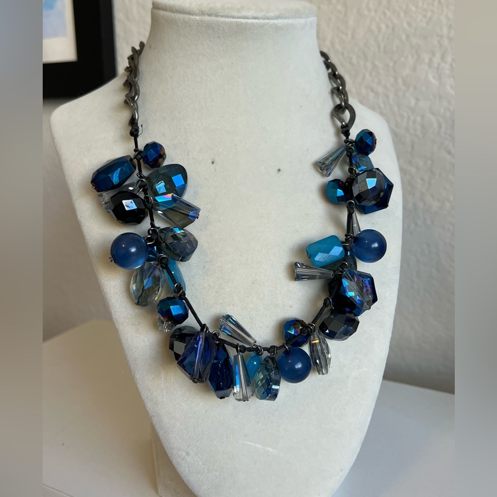 Vintage Dark And Light Blue Faceted AB Crystal  Beads  Gunmetal Necklace  22”